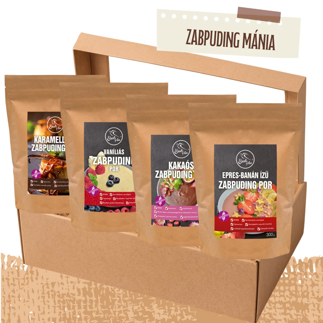 zabpuding, vaníliás, karamellás, kakaós, epres, banános
